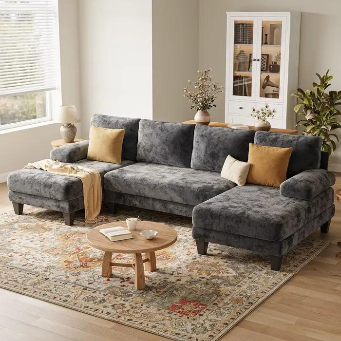 Canapés sectionnels en forme de U pour salon |   Canapé en chenille avec double chaise longue |   Ca