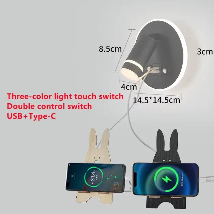 Lampe murale à chargement sans fil, USB, rotative, pour chambre à coucher, chevet, lecture, interrup