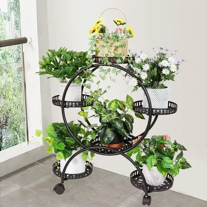 Étagère de support de plante de porte-fleurs, 4 couches, 6 pots, 4 roues, étagère d'affichage mobile