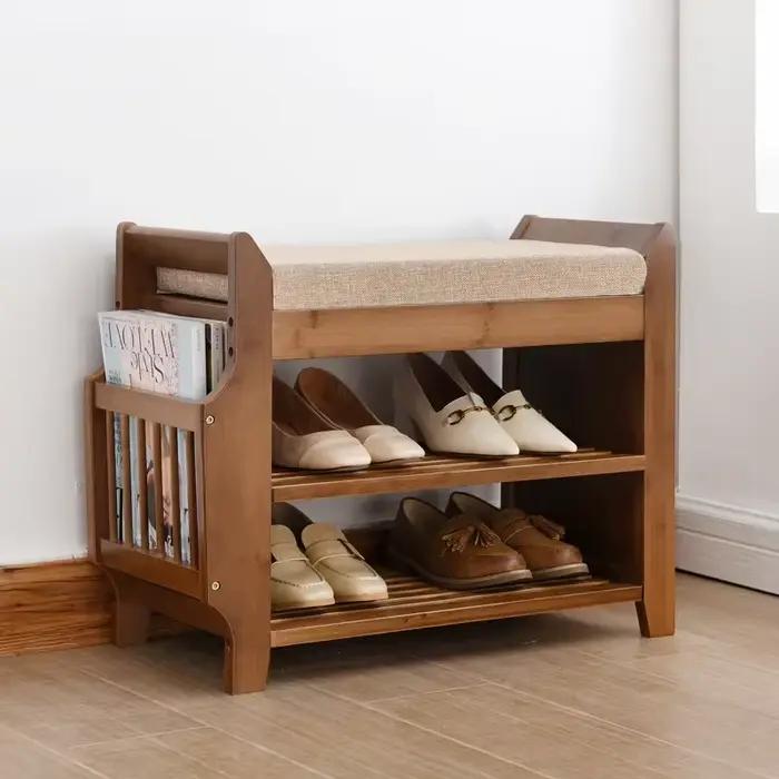 Banc de rangement pour chaussures T1 avec siège à coussin double couche, tabouret à chaussures, hôte
