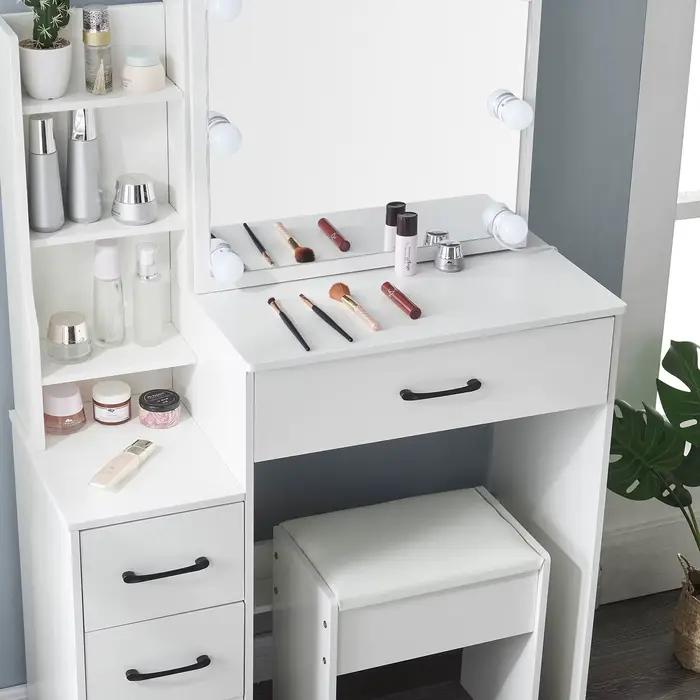 Commode avec miroir à ampoule LED, ensemble de vanité avec 4 portes de proximité, 3 motifs lumineux 