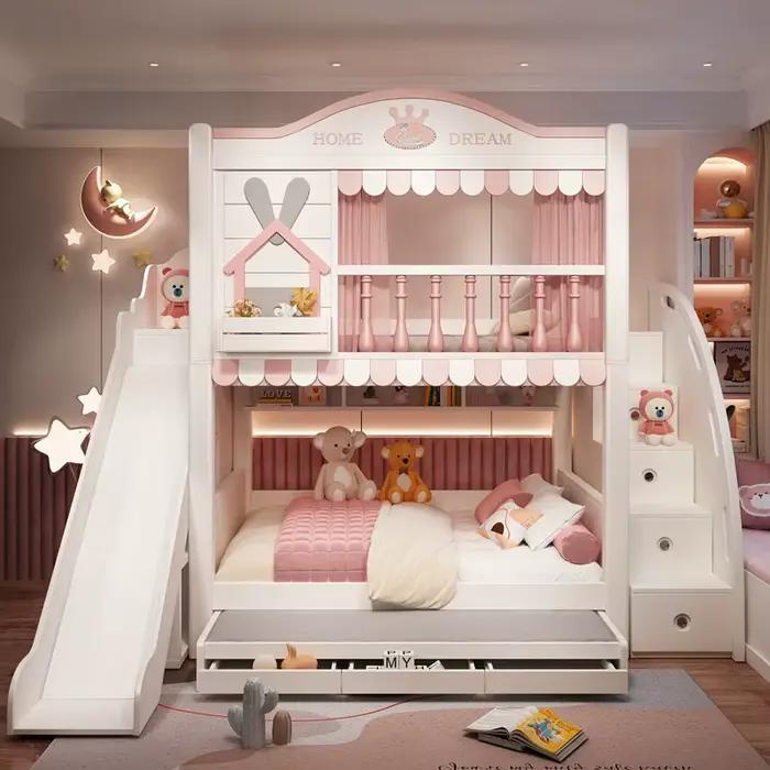 Lit château pour enfants en bois massif personnalisé avec toboggan