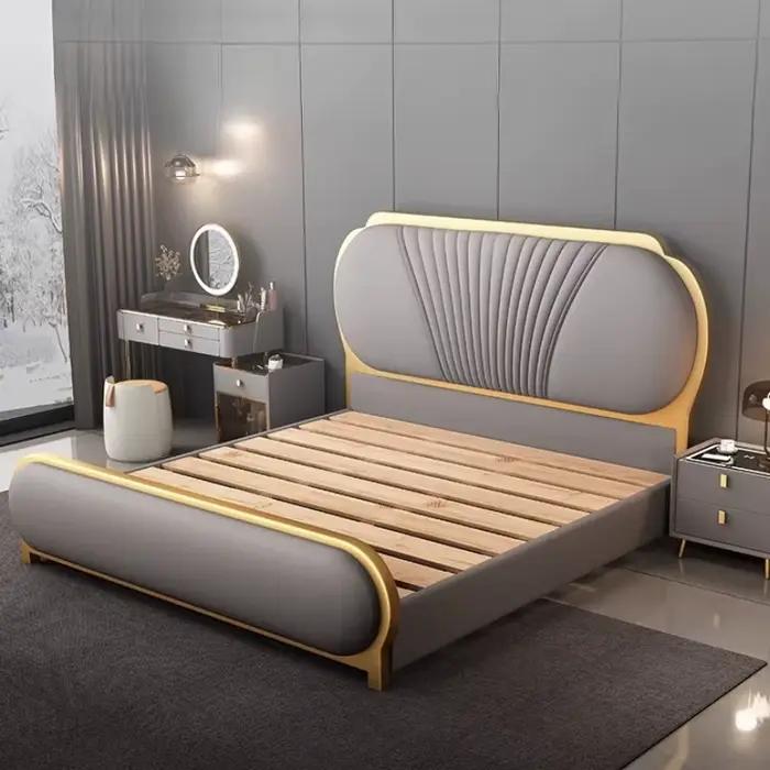 Lit double moderne avec tête de lit à dossier souple, lit pour 2 personnes, design nordique, cadre d