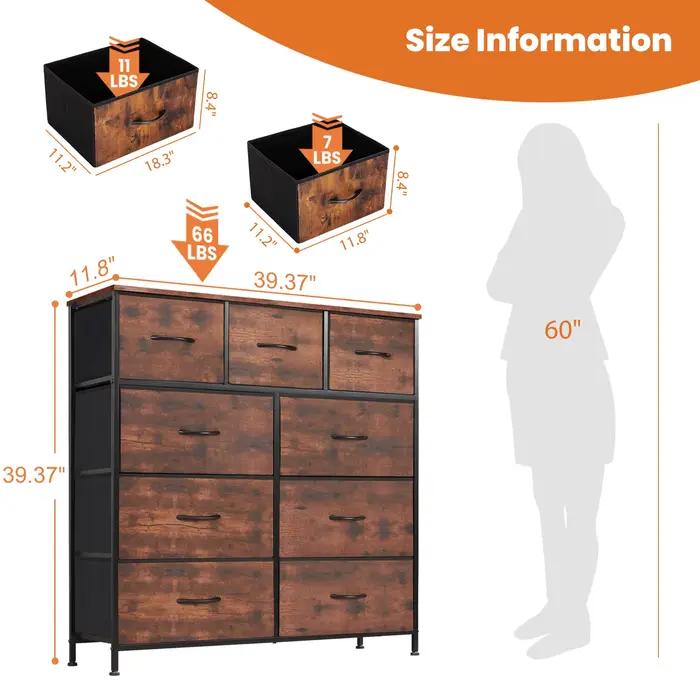 JHK commode pour chambre à coucher avec 9 tiroirs de rangement en tissu armoire grande poitrine orga