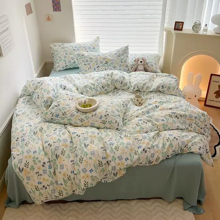 Parure de lit en coton lavé à motif floral, ensemble de literie 100% coton doux, housse de lit athlo