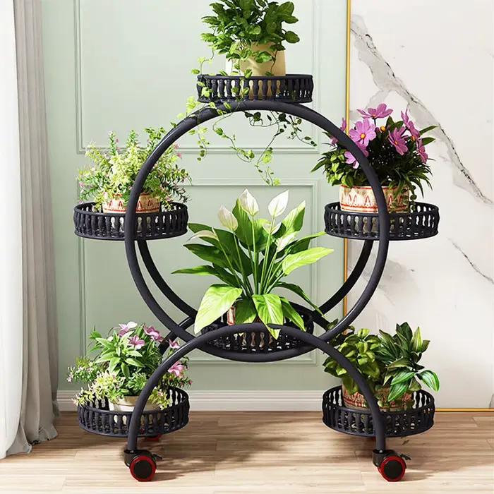 Étagère de support de plante de porte-fleurs, 4 couches, 6 pots, 4 roues, étagère d'affichage mobile