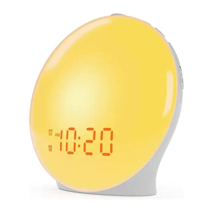 Réveil lumineux, Simulation de lever/coucher du soleil, horloge numérique avec veilleuse, Radio FM, 
