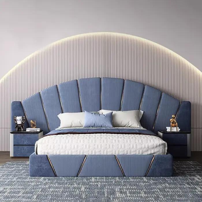 Lit King Size de luxe italien léger, tissu givré doux, ensemble de lit Double rembourré en cuir bleu