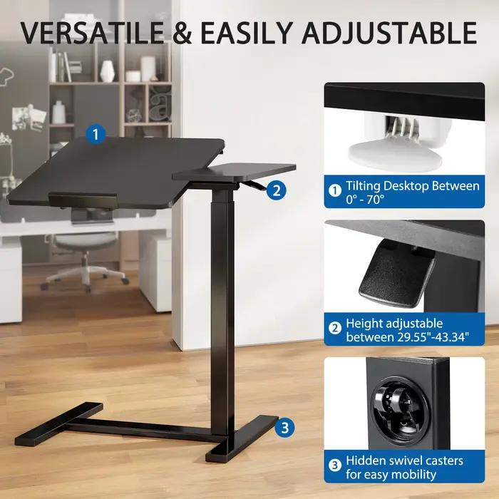 JHK Bureau de chevet rabattable avec roulettes et plateau inclinable, hauteur réglable, table de lit