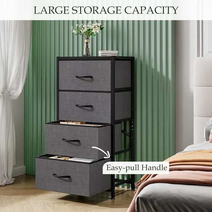 Commode à 4 tiroirs, commode avec plateau en bois et cadre en acier