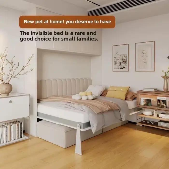 Lit Murphy multifonctionnel moderne intégré au mur avec armoire latérale rabattable pour petit appartement ou salon