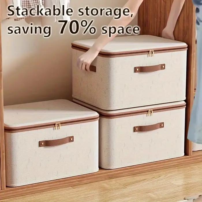 Boîte de rangement pliable en lin avec doubles fermetures éclair et poignée en simili cuir
