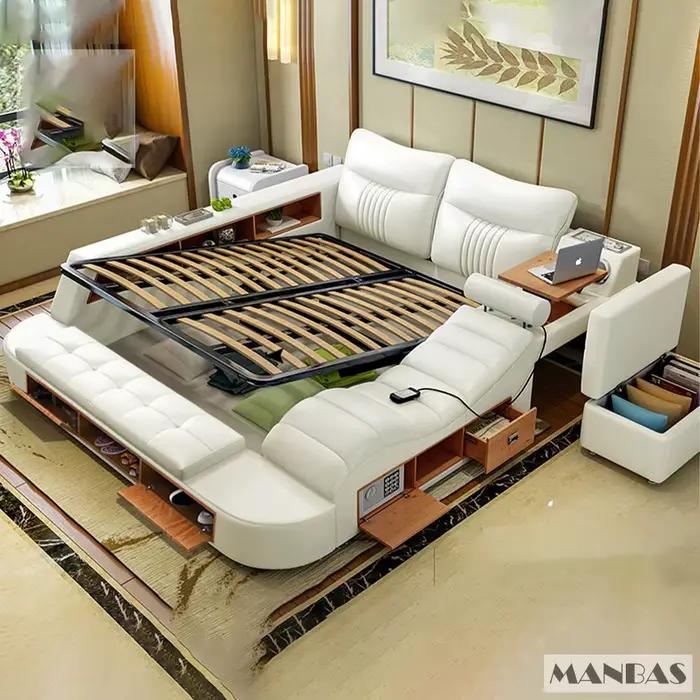 Lit tout-en-un, lit multifonctionnel de luxe en cuir véritable avec haut-parleur
