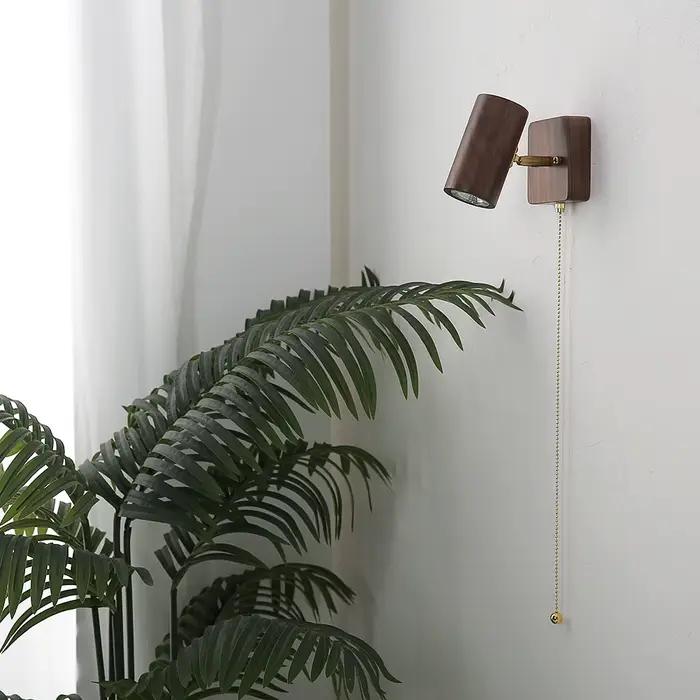 Applique murale couleur bois de noyer rétro chambre chevet appliques tête de lampe réglable tirer cordon interrupteur lecture mur projecteur LED