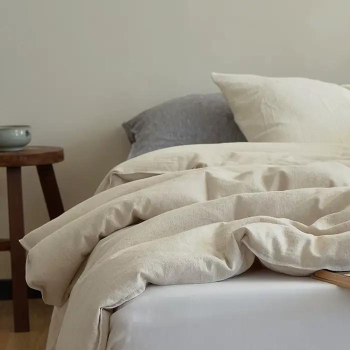 Couette de lit double en coton et lin de soja uni pour couple