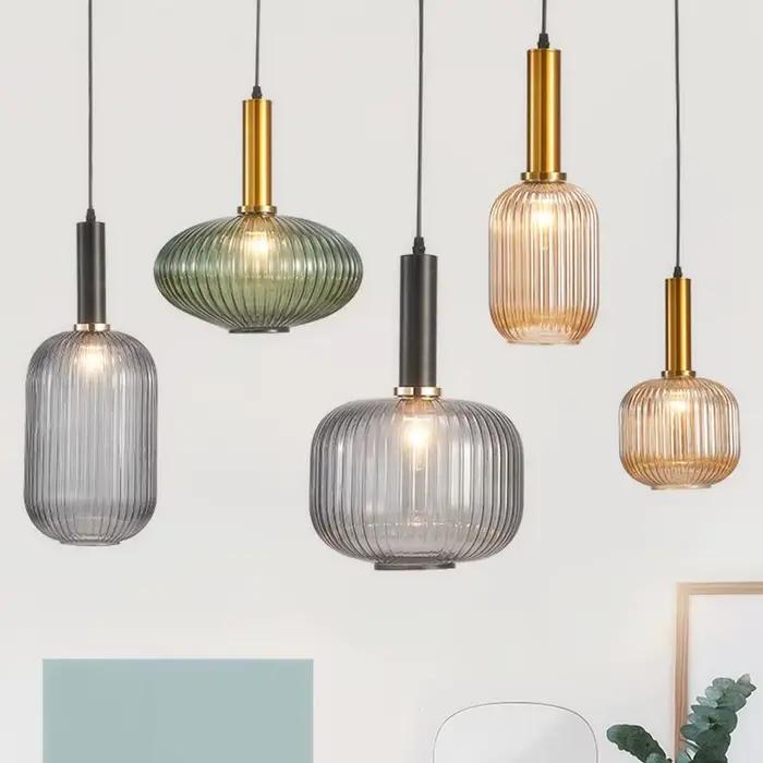 Lampes suspendues de chevet éclairage en verre Simple rayé vintage petite lampe suspendue galvanisé or vert verre droplight loft