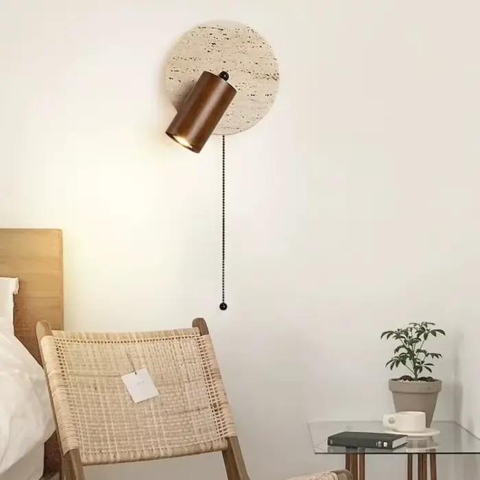 Lampe murale LED ronde en pierre pour chambre à coucher, lumière de lecture orientable avec interrupteur à tirette, couleur bois de noyer, décoration intérieure