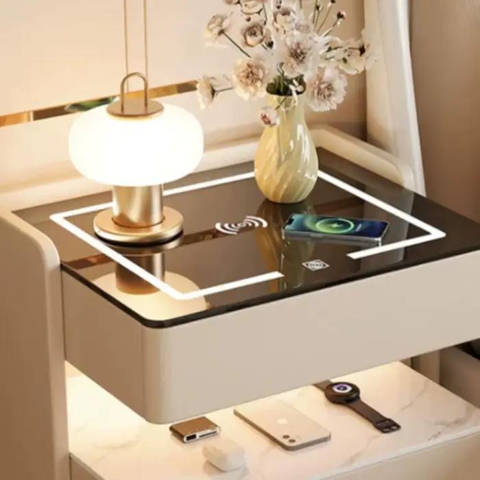 Veilleuse LED nordique, table de chevet minimaliste avec tiroir, armoire intelligente blanche, table de chevet moderne avec chargeur, meubles de nuit