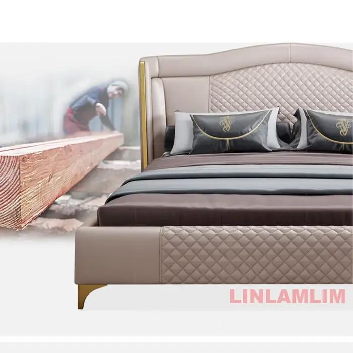 Linlamlim Lit rembourré de luxe en cuir véritable avec tête de lit matelassée – Lit souple moderne King/Queen Size avec accents dorés