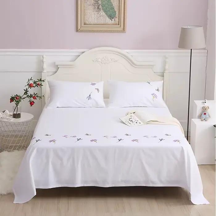 Drap de lit 100% coton avec motif de fleurs et de papillons brodés romantiques, décoration de chambre de princesse pour fille, drap plat sans taie d'oreiller