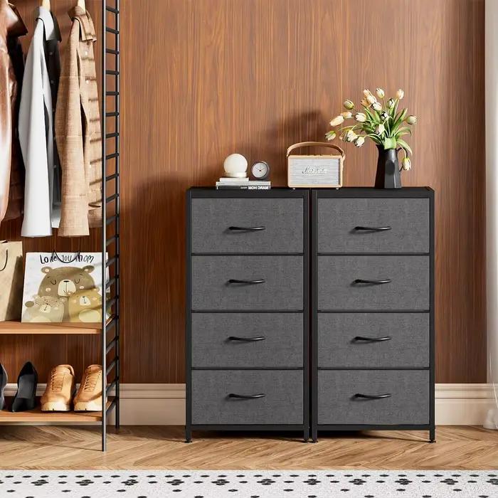 Commode à 4 tiroirs, commode avec plateau en bois et cadre en acier