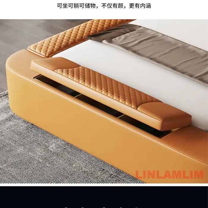 Lit tout-en-un, lit en cuir véritable taille King/Queen avec rangement