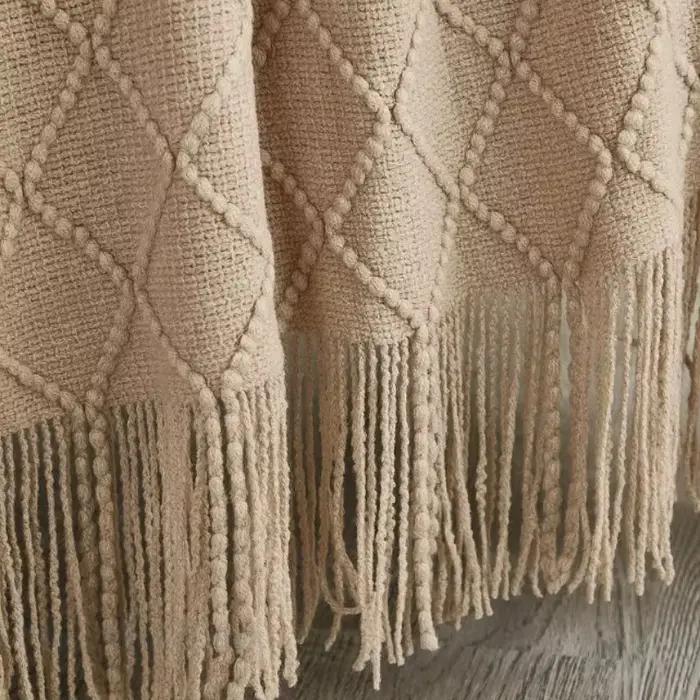 Grande couverture tricotée kaki style nordique avec pompons, douce et confortable, motif écossais au crochet, décorative pour canapé et lit, cadeau d'été
