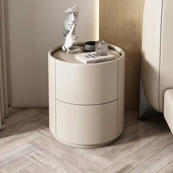 Table de chevet ronde en cuir, armoire à placer près du canapé du salon, table de chevet ronde créative en bois massif, meuble de rangement pour chambre à coucher
