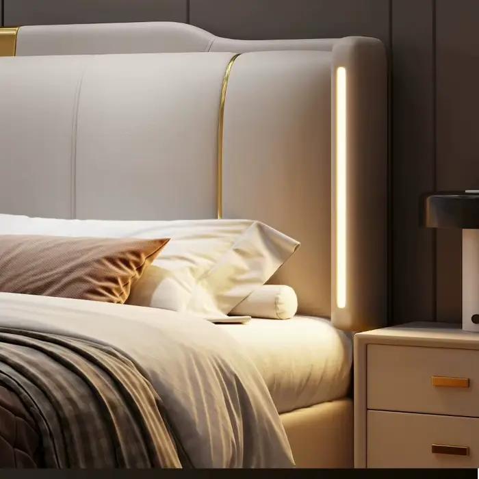 Cadre de lit Queen-size capitonné de luxe en cuir et bois massif, lit double Queen-size avec rangement pour la chambre à coucher, pour la maison ou l'hôtel.