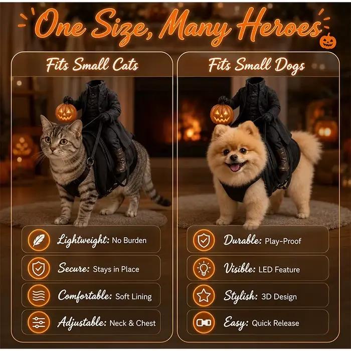 Costume de chat cavalier sans tête, costume d'Halloween effrayant en 3D pour chien, accessoires de déguisement pour animaux de compagnie, convient aux petits chats et chiens.