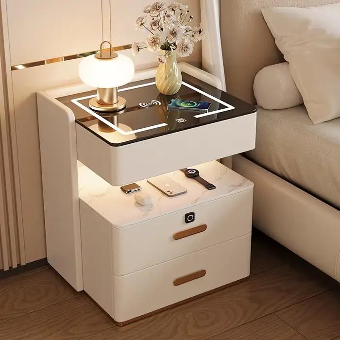 Veilleuse LED nordique, table de chevet minimaliste avec tiroir, armoire intelligente blanche, table de chevet moderne avec chargeur, meubles de nuit
