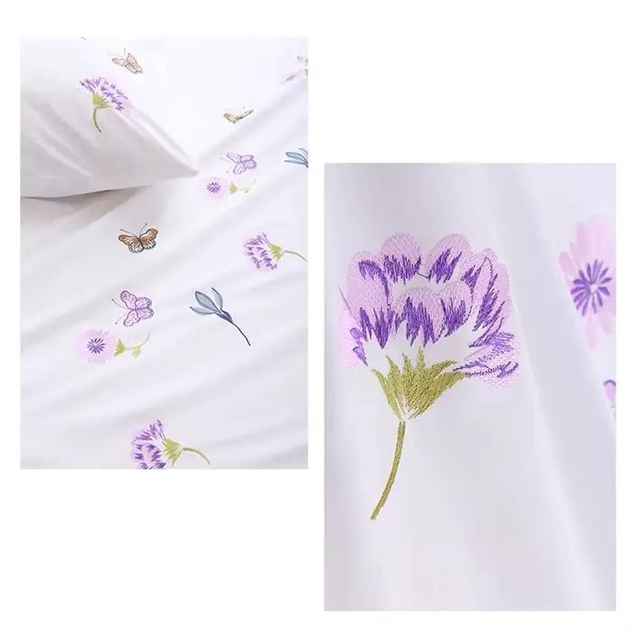 Drap de lit 100% coton avec motif de fleurs et de papillons brodés romantiques, décoration de chambre de princesse pour fille, drap plat sans taie d'oreiller