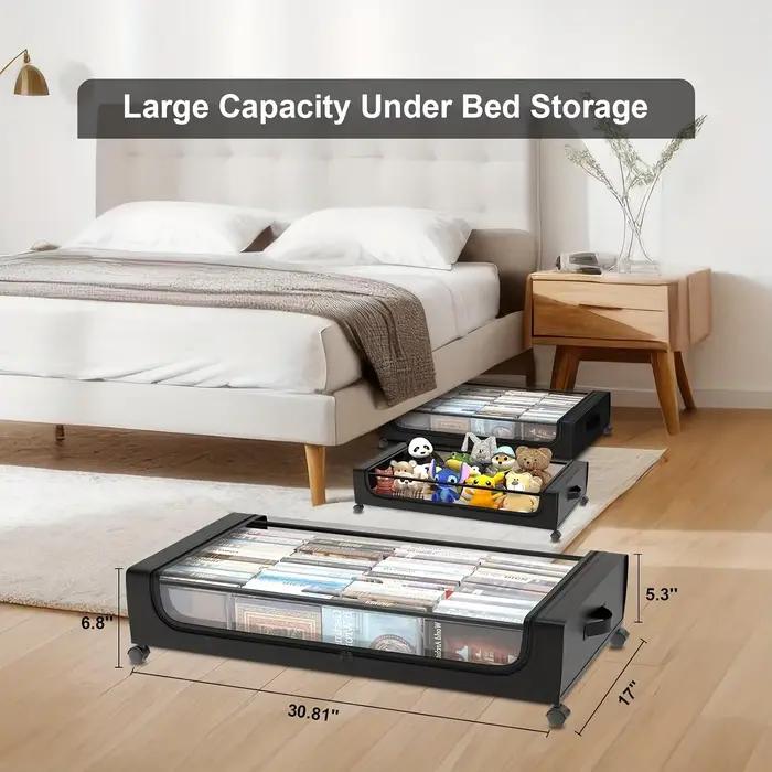 Conteneur de rangement sous le lit 2026 avec roulettes et couvercles, organisateur coulissant gain de place pour vêtements, chaussures, chambre, dortoir, usage domestique