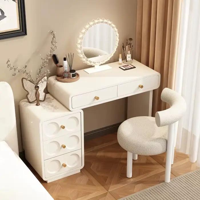Coiffeuse de chambre blanche style ferme avec étagères de chevet et rangement pour maquillage et café, en liquidation, mobilier de maison