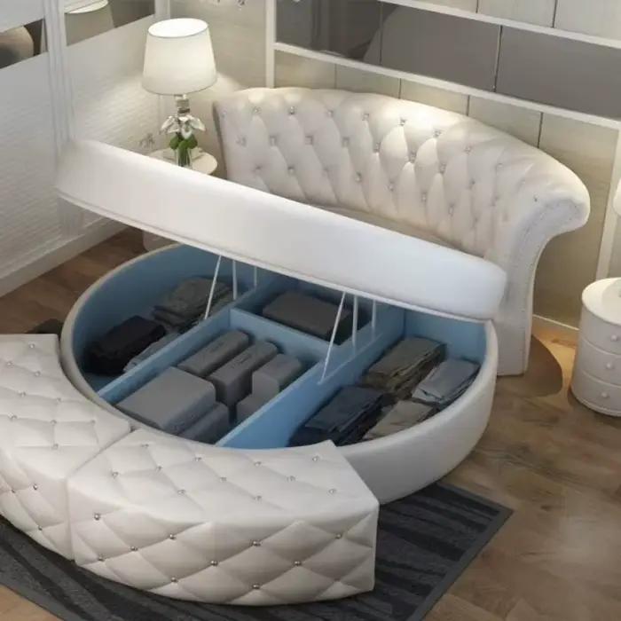 Lit de rangement double rond nordique moderne pour chambre à coucher