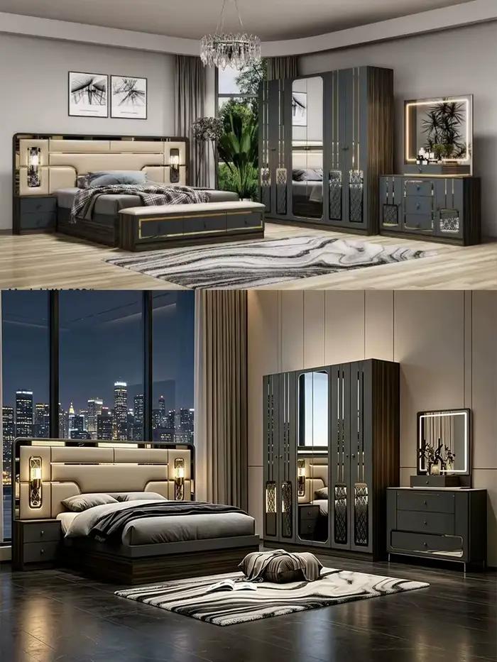 Ensemble de meubles de chambre à coucher moderne MANBAS 6 pièces avec cadre de lit