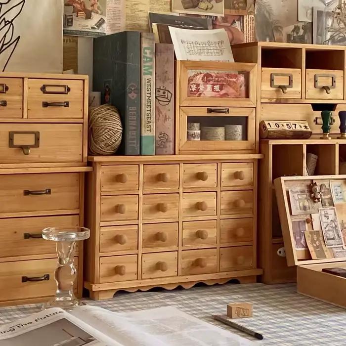 Armoire de rangement miniature à 16 tiroirs en bois, coffre organisateur rustique en cèdre, boîte à tiroirs vintage style ferme pour bijoux et artisanat