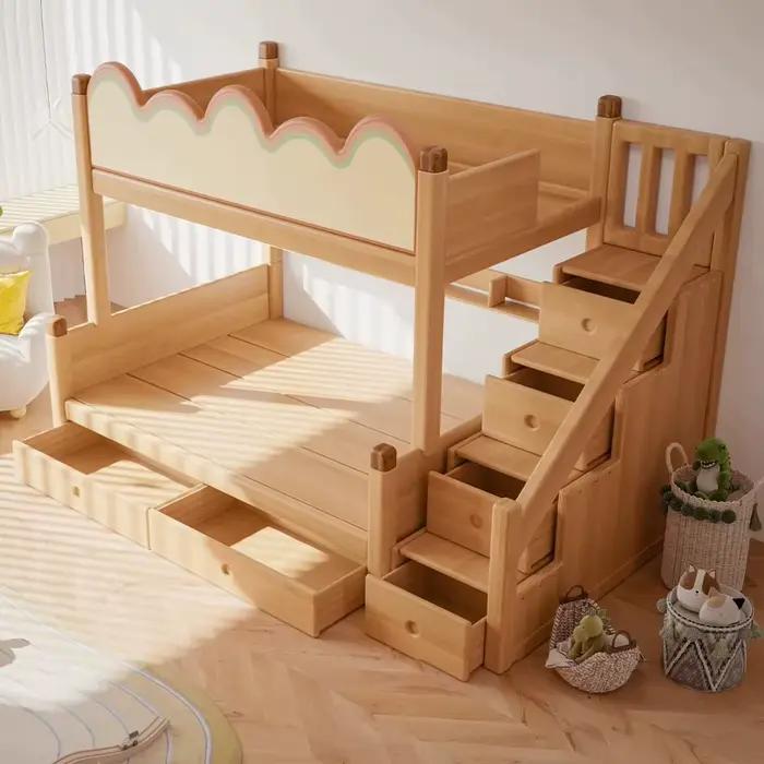 Lit superposé moderne en bois massif gris pour enfants, cadre de lit double, vente chaude, mobilier de chambre et de dortoir pour enfants