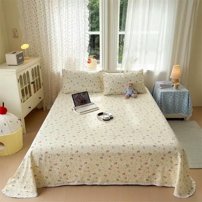 Drap de lit imprimé ours Kawaii, ultra doux, bord en dentelle, respirant, drap plat confortable, durable, lavable en machine, couvre-lit