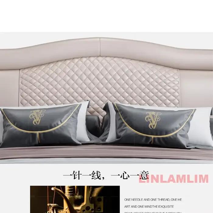 Linlamlim Lit rembourré de luxe en cuir véritable avec tête de lit matelassée – Lit souple moderne King/Queen Size avec accents dorés