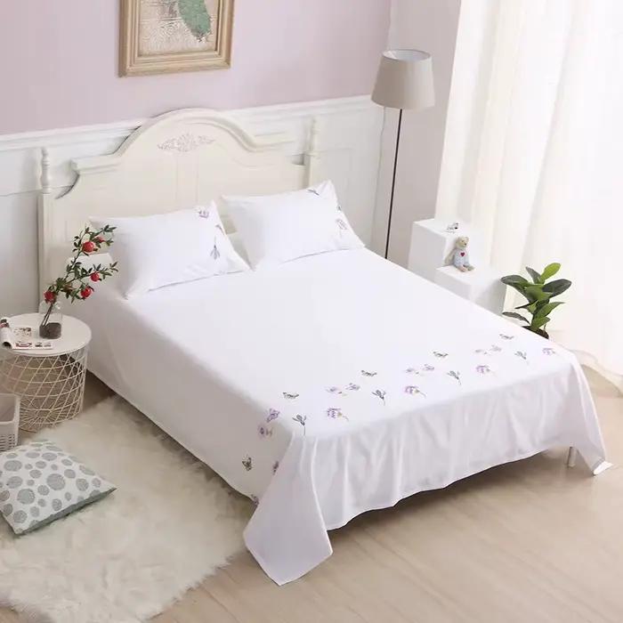 Drap de lit 100% coton avec motif de fleurs et de papillons brodés romantiques, décoration de chambre de princesse pour fille, drap plat sans taie d'oreiller