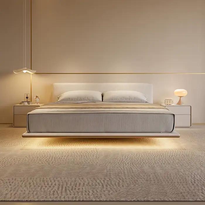 Lit 200x220 180x200cm Crème Style Luxe Tissu Cadre de lit Queen Size Moderne Luxe Simple Chambre à coucher Lits et cadres de lit Meubles