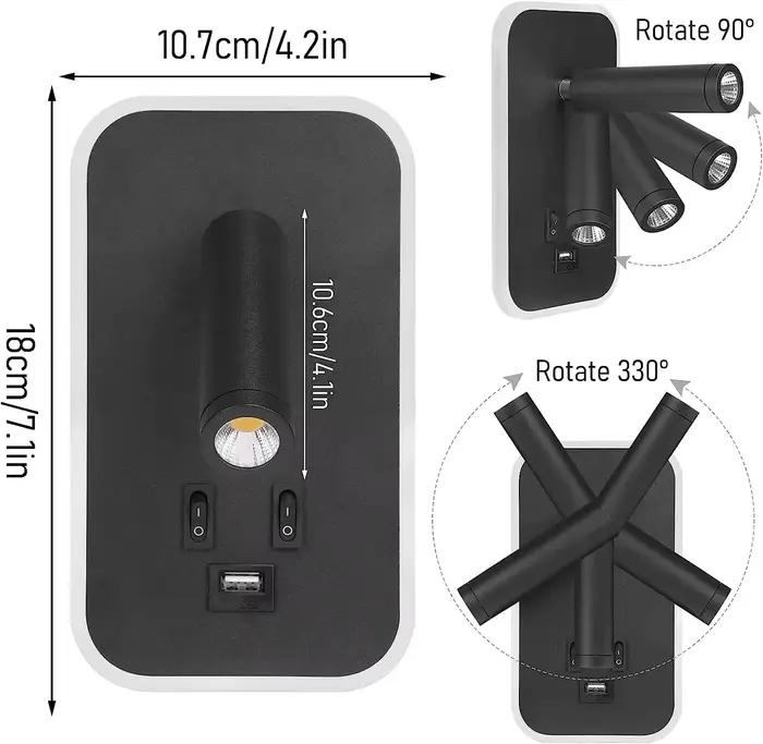 Applique murale rotative à LED avec interrupteur et port USB