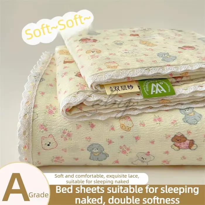 Drap de lit imprimé ours Kawaii, ultra doux, bord en dentelle, respirant, drap plat confortable, durable, lavable en machine, couvre-lit