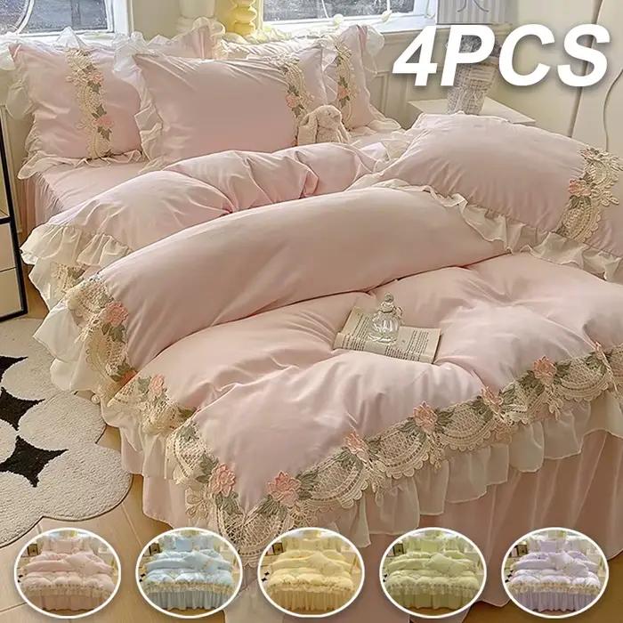 Ensemble de literie en dentelle brodée 4 pièces (housse de couette + drap + taie d'oreiller) Ensemble de couette confortable avec volants, couvre-lit