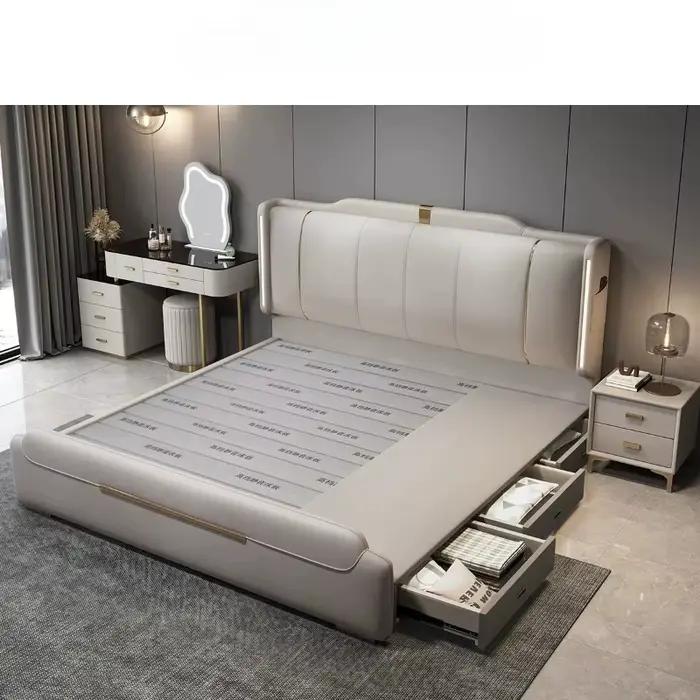 Cadre de lit Queen-size capitonné de luxe en cuir et bois massif, lit double Queen-size avec rangement pour la chambre à coucher, pour la maison ou l'hôtel.