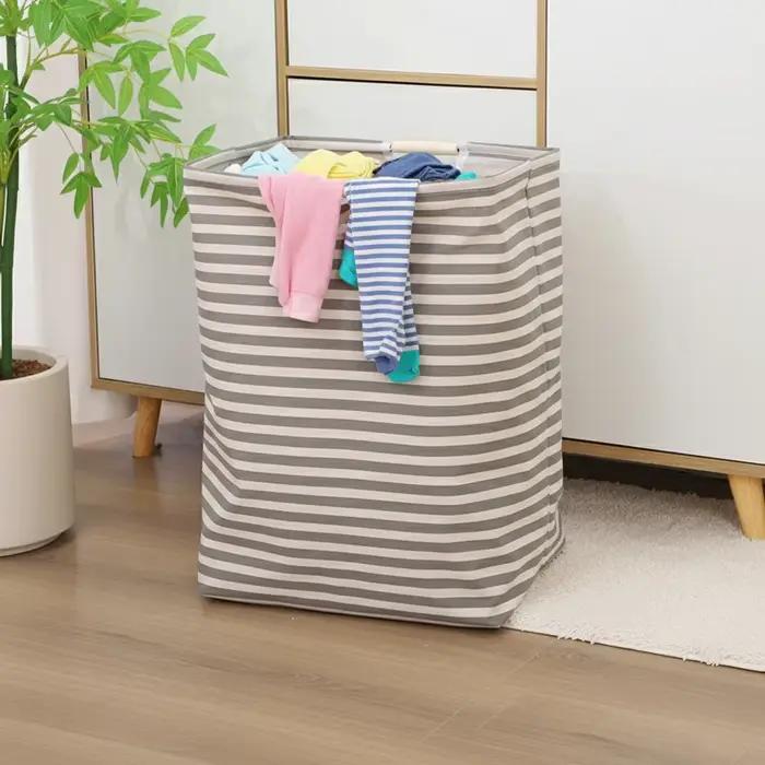 Panier à linge en coton et lin pliable avec doublure imperméable et poignées en bois pour chambre