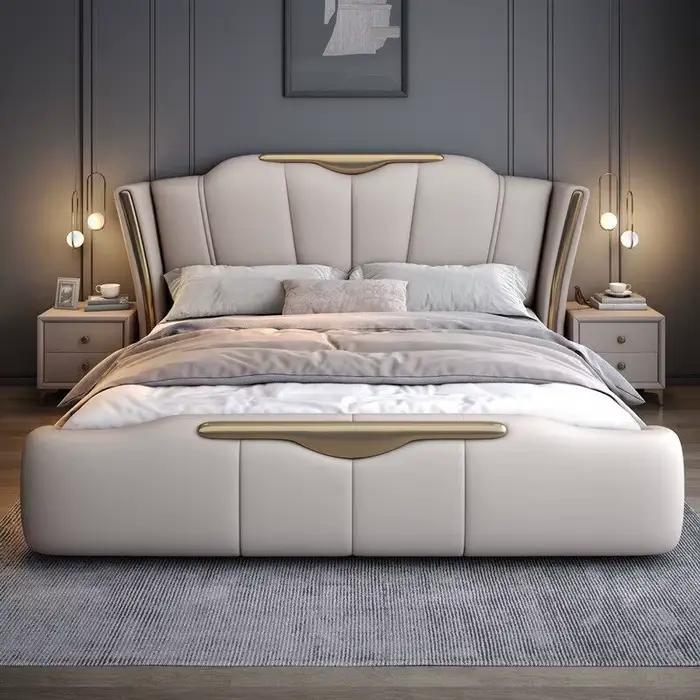 Lit Double Luxe Moderne avec Tête de Lit Rembourrée 200x220cm