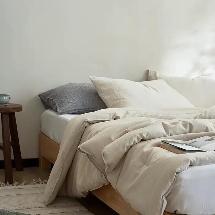 Couette de lit double en coton et lin de soja uni pour couple