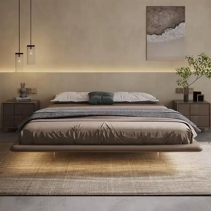 Lit Moderne Simple avec Rangement Flottant, Lit Double de Hôtel, Cadre en Bois, Meubles de Chambre Complet